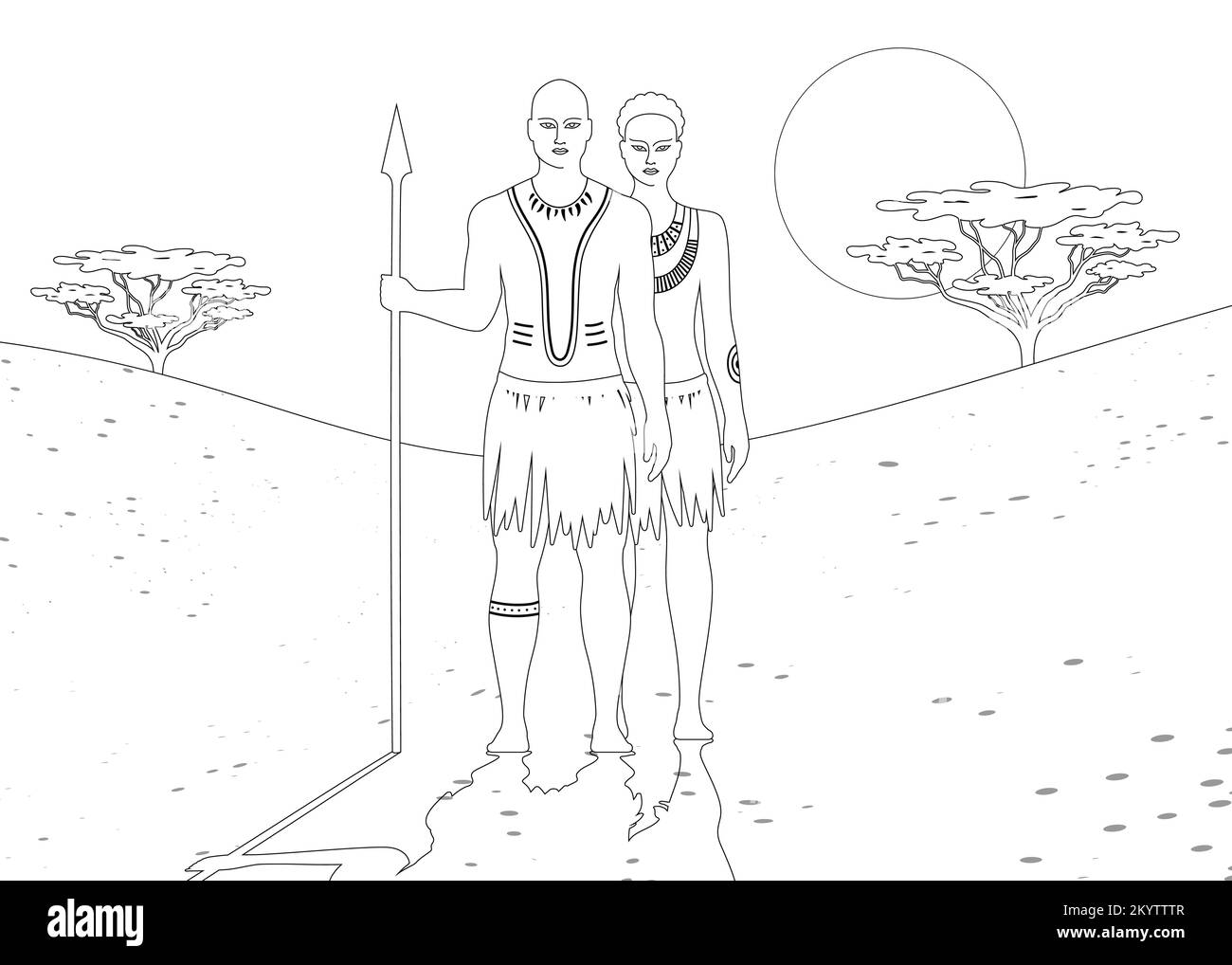 Aborigine personnes avec art du corps et la robe ethnique, coloriage livre page vectorielle illustration. Illustration de Vecteur