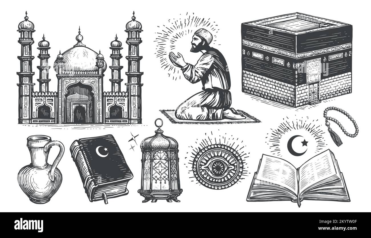 Concept de l'Islam. Tradition religieuse. Ensemble de croquis de culture musulmane de style gravure vintage. Illustration vectorielle Illustration de Vecteur