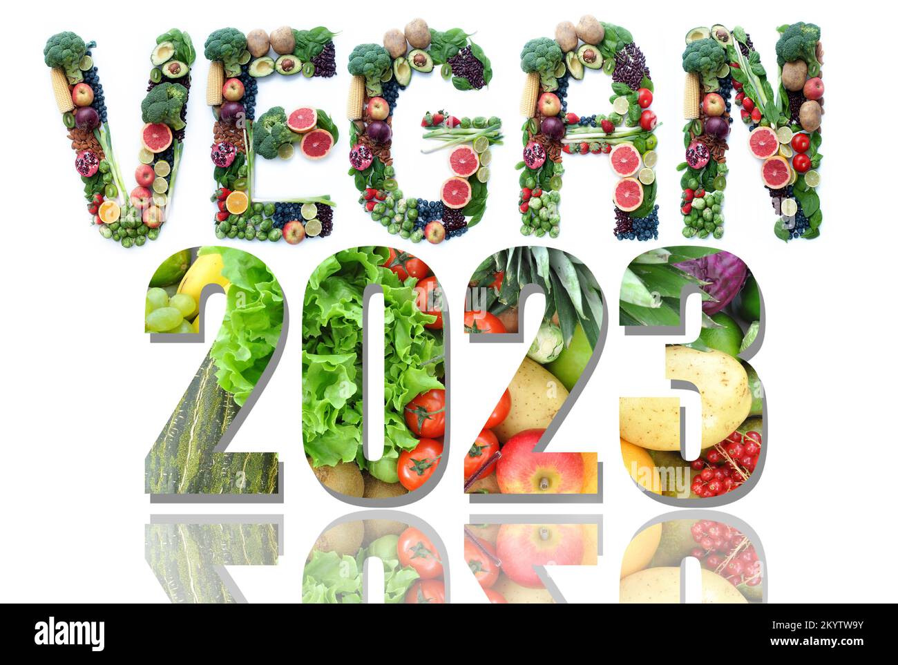 Vegan 2023 fait de fruits, légumes, légumes secs et noix Banque D'Images