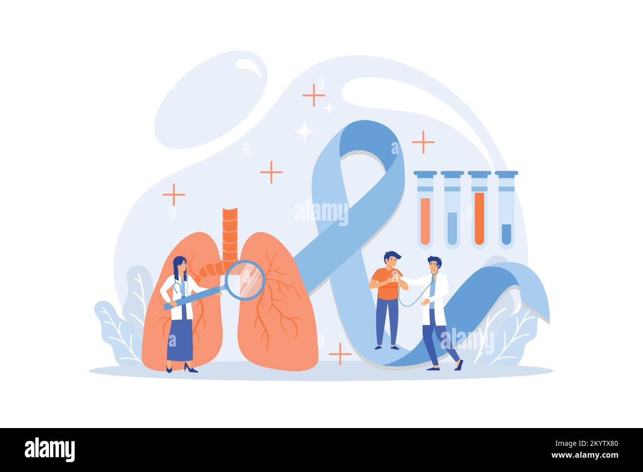 Maladie dangereuse du système respiratoire. Homme souffrant de problèmes respiratoires, complications. Cancer du poumon, remorqueur trachéal, notion d'asthme bronchique. baie plate Illustration de Vecteur