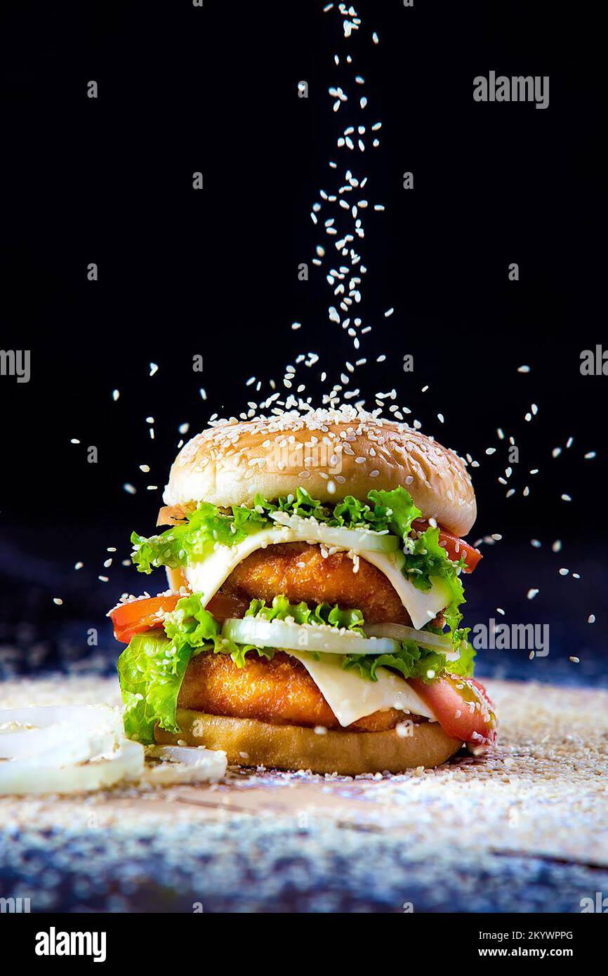 Hamburger au fromage de crevettes avec sésame Banque D'Images