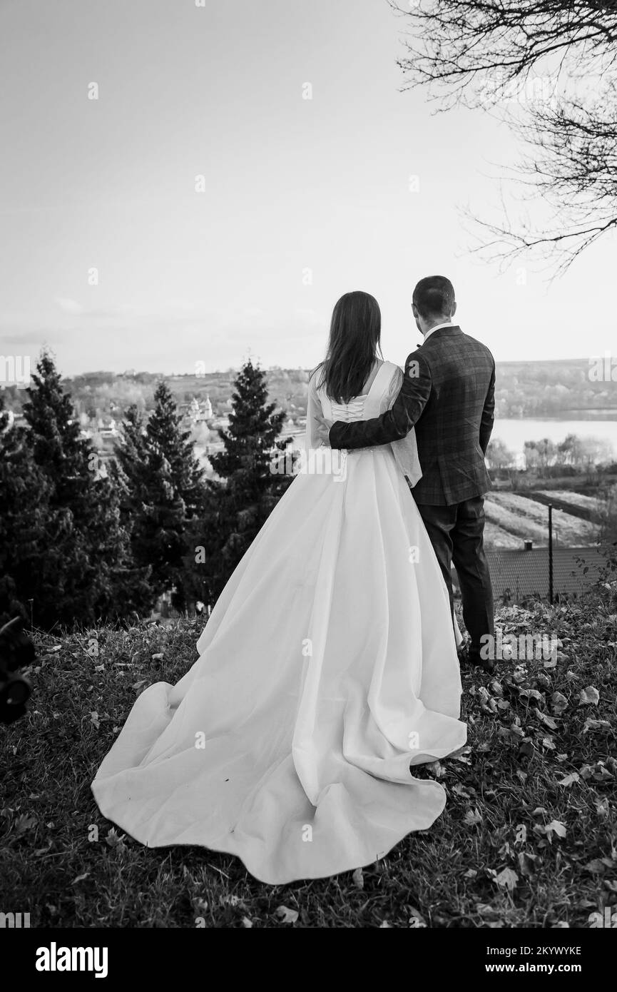 Le marié tient la main de la mariée sur la toile de fond d'un paysage magnifique. Les jeunes mariés tiennent les mains de l'autre. Banque D'Images