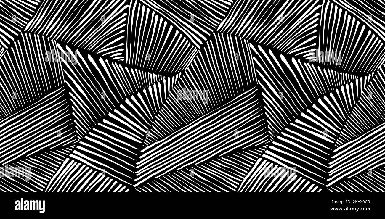 Motif géométrique de patchwork dessiné à la main sans couture, composé de fines rayures blanches sur fond noir. Motif paysage de collines ondulantes abstrait ou Pol de chaume Banque D'Images