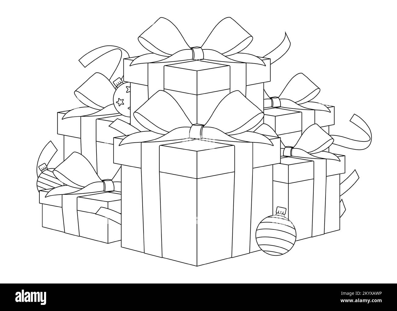Boîtescadeaux de Noël avec rubans et boules, dessin vectoriel de