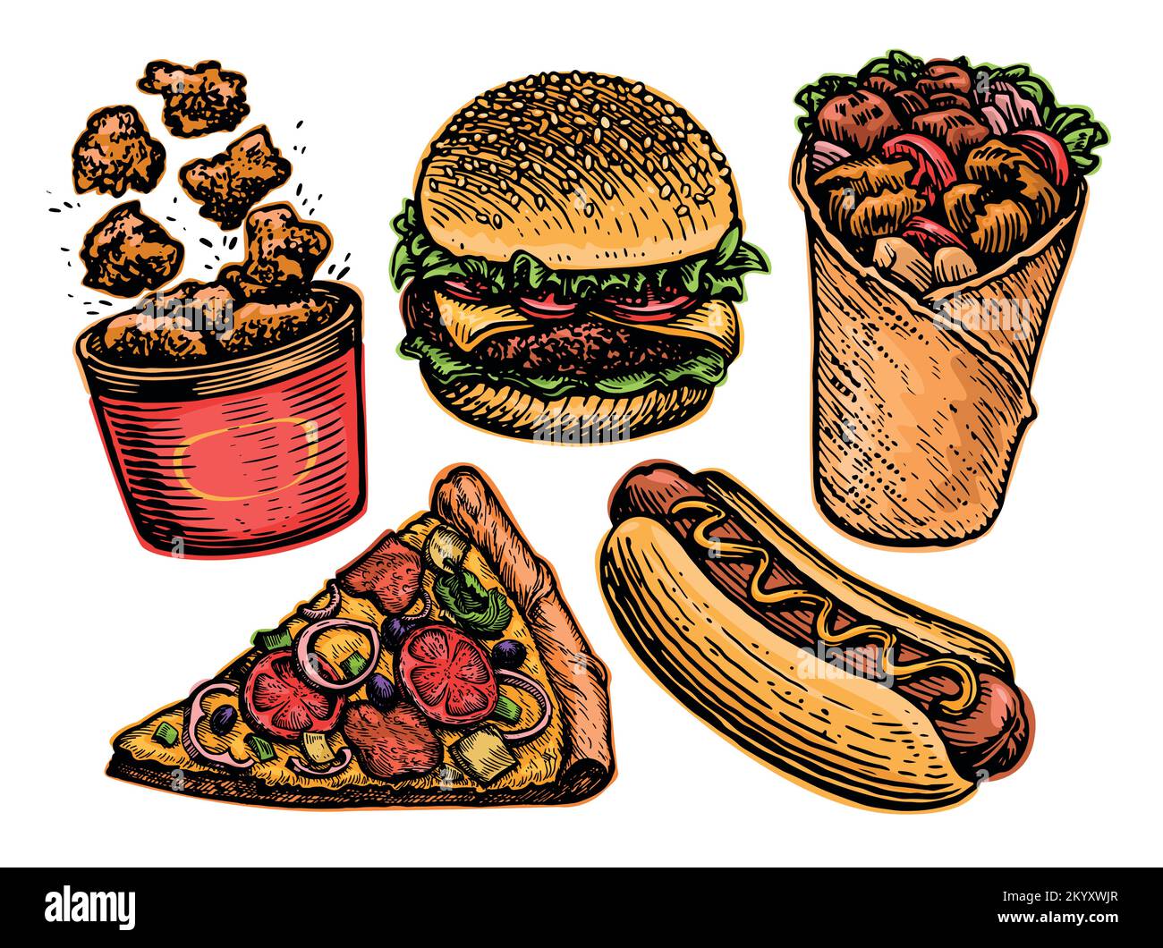Set de restauration rapide. Cheeseburger, tranche de pizza, hot dog, kebab, viande de poulet frite, burger, nuggets. Illustration vectorielle Illustration de Vecteur
