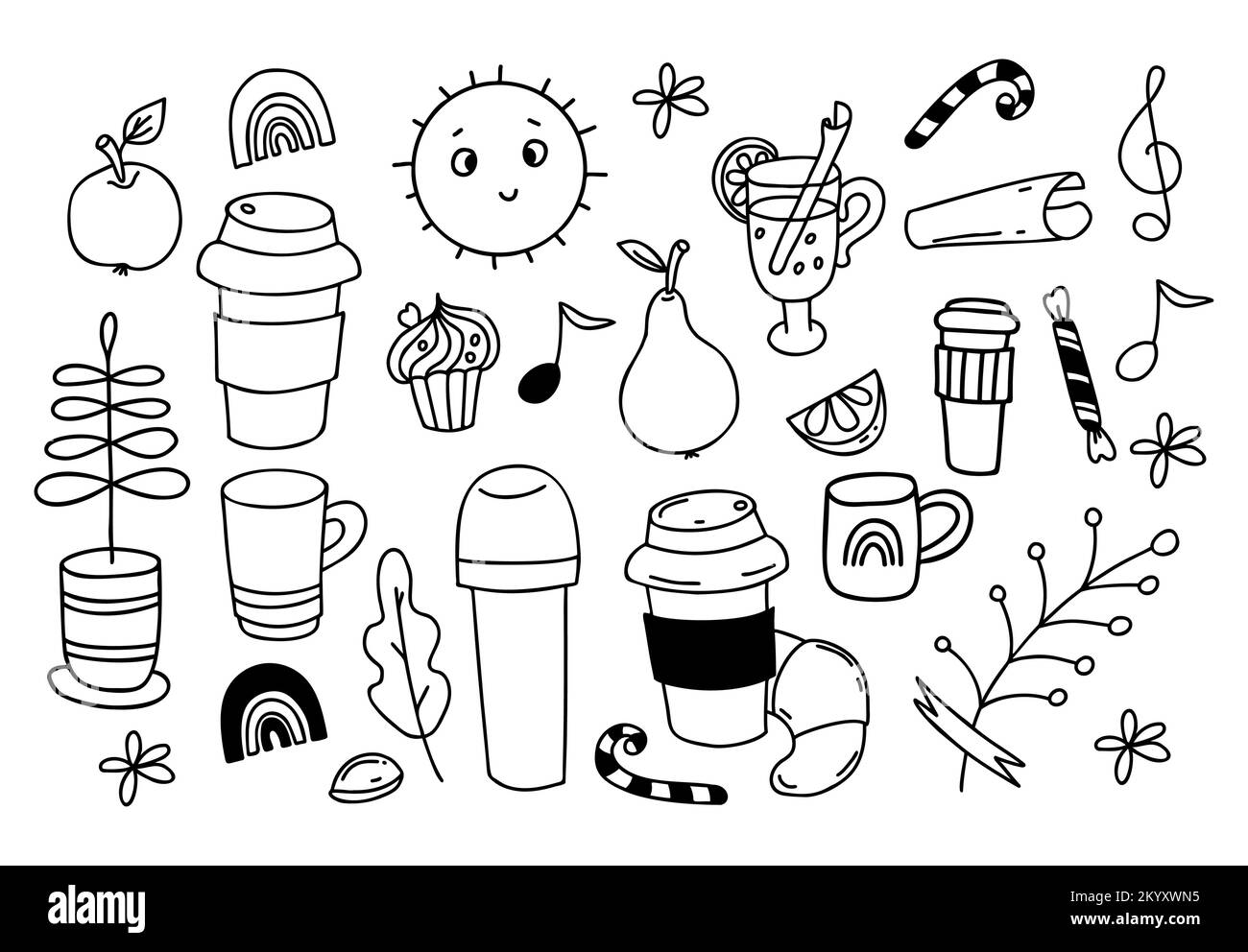 Collection de truites vectorielles de café avec croissant, thermos, tasse, verre avec vin chaud et bâton de cannelle, bonbons et bâton de caramel, arc-en-ciel, mignon su Illustration de Vecteur