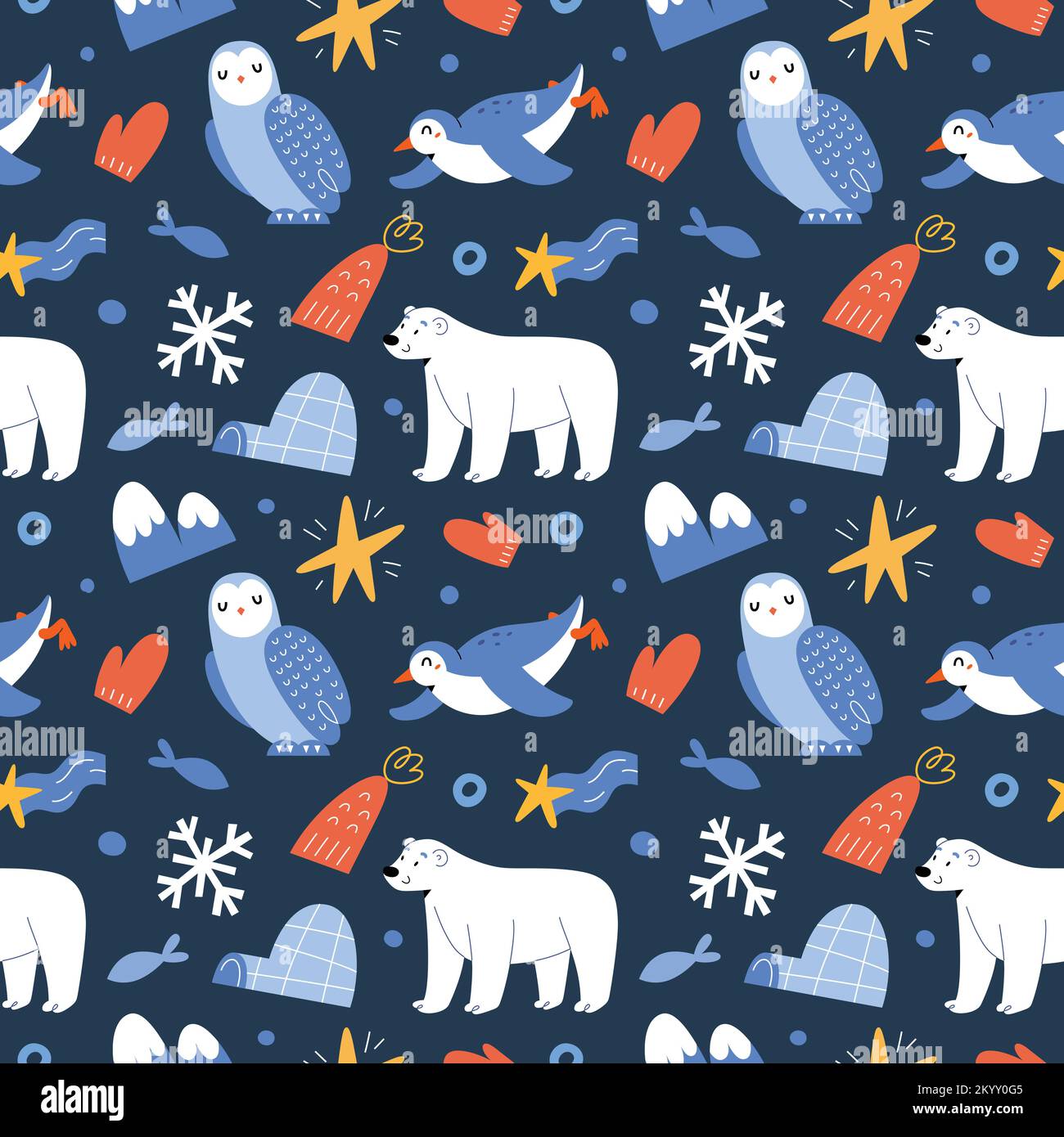 Imprimé animaux du Nord, adorable ours polaire, chouette chouette chouette et pingouin adorable, illustrations de mammifères arctiques, motif vectoriel sans couture Illustration de Vecteur