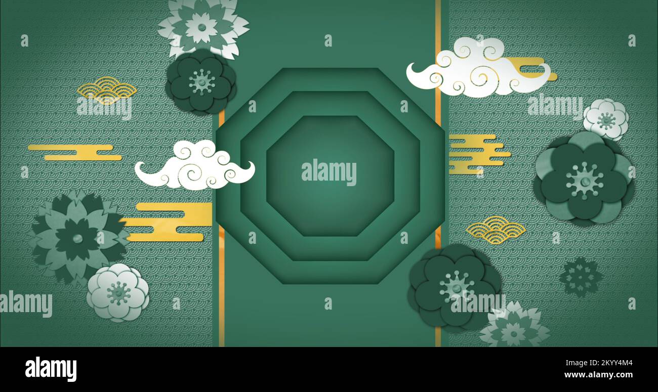 Image de fleurs et de formes sur fond vert Banque D'Images