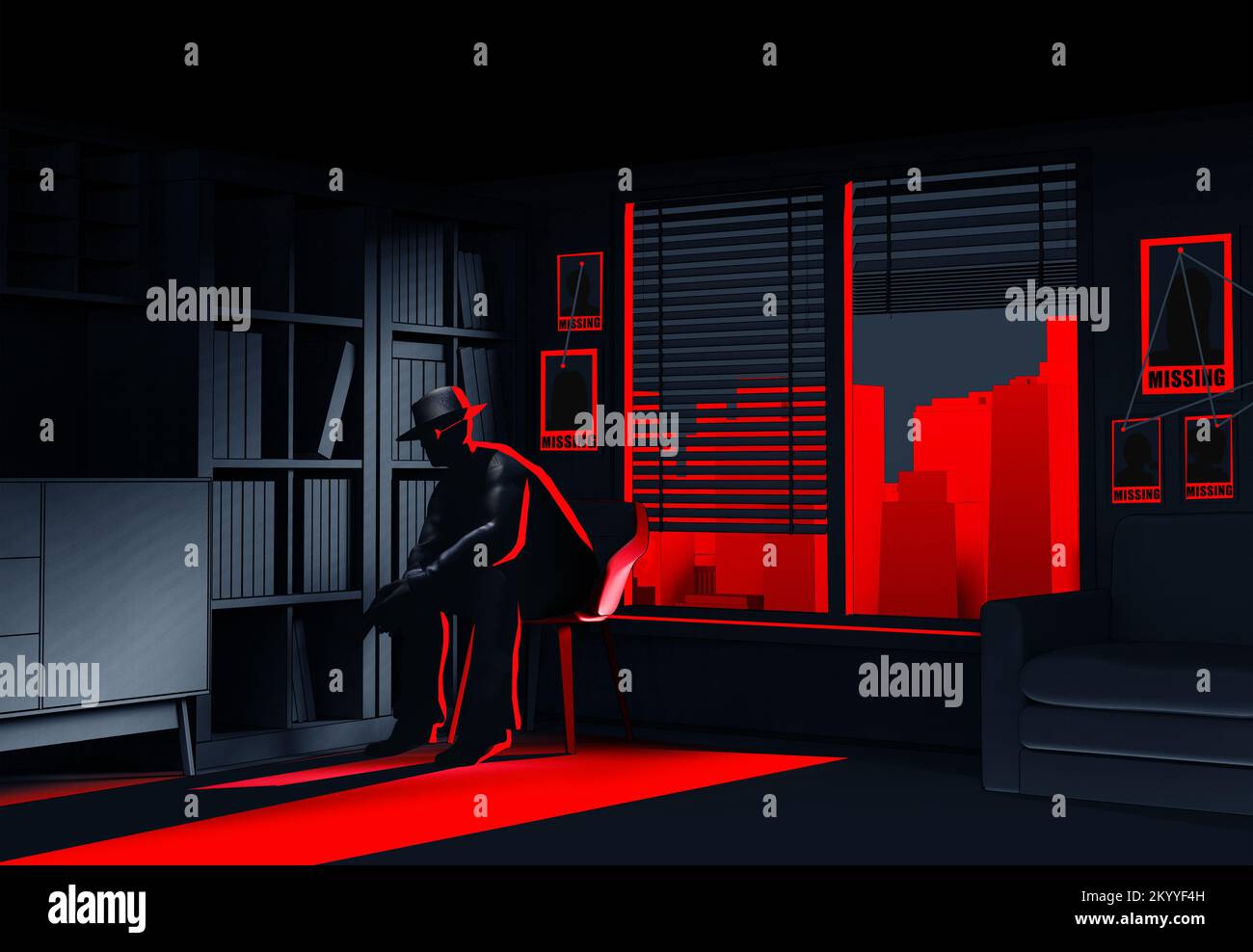 3d dir noir illustration de toon crime détective avec des armes à feu assis dans la pièce sombre avec vue rouge paysage urbain et affiches manquantes sur le mur. Banque D'Images