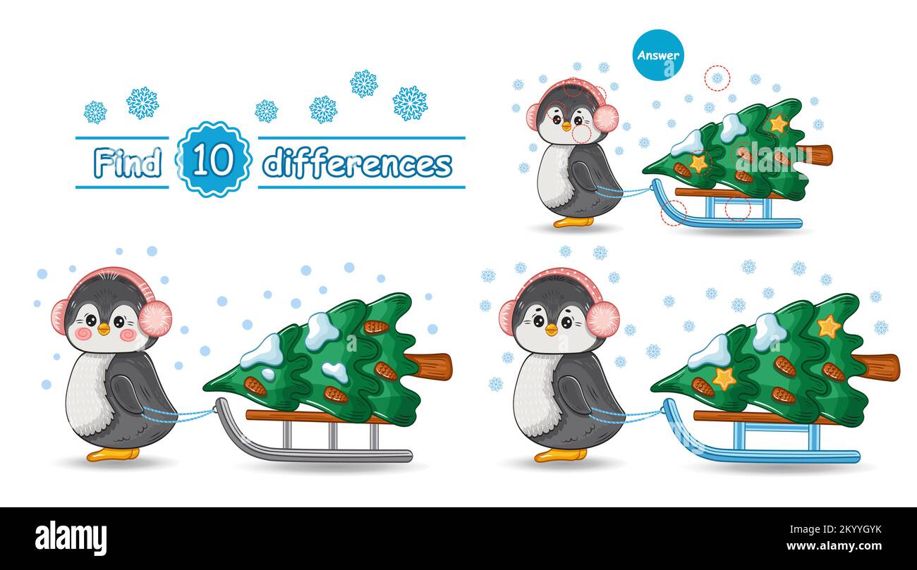 Joli oiseau de pingouin nouvel an avec arbre de Noël sur le traîneau trouver 10 différences puzzle éducation jeu logique d'enfants. Rechercher la correspondance. Animal arctique. Vecteur Illustration de Vecteur