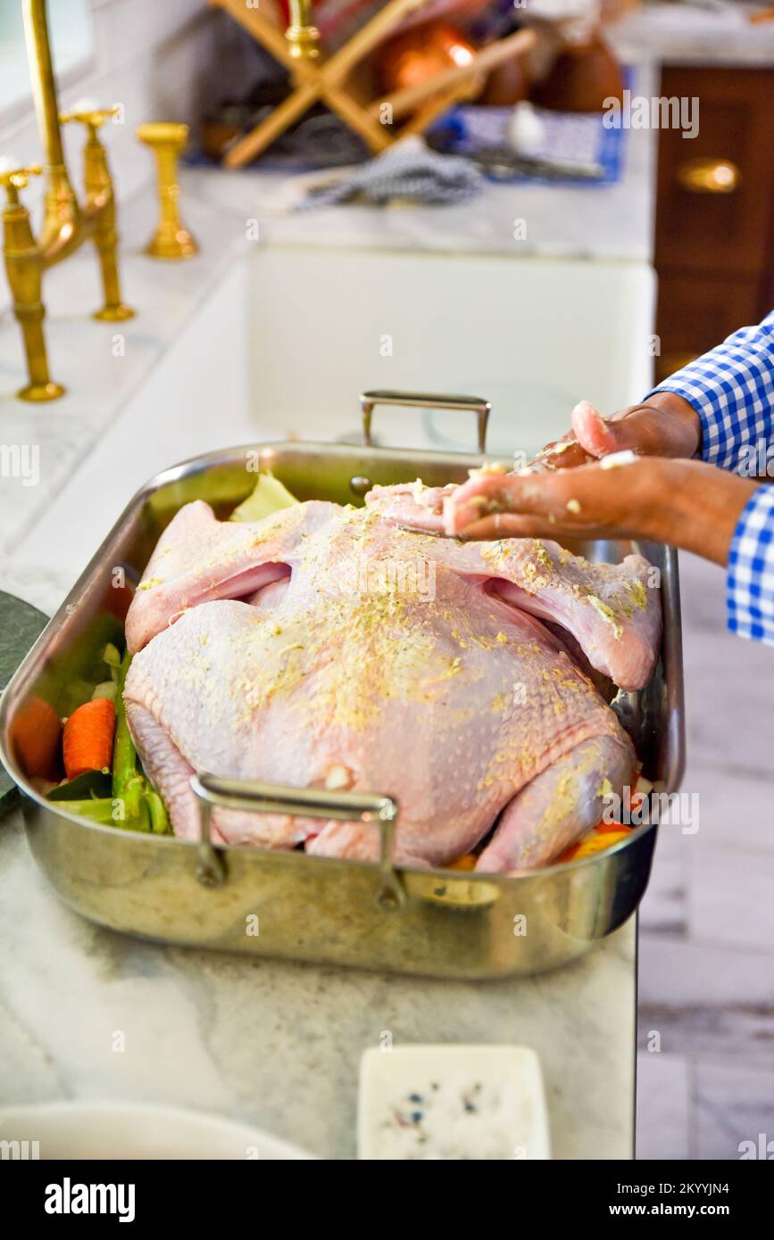 Afrique femme américaine préparant une grande dinde crue pour un dîner de Thanksgiving en famille Banque D'Images