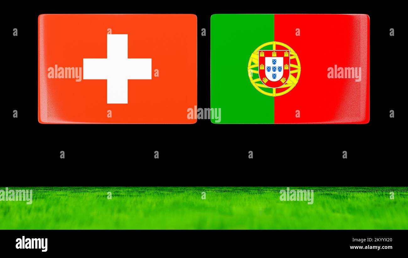 Drapeaux nationaux de la Suisse et du Portugal comme des cartes brillantes flottant sur un champ vert. 3D rendu. Banque D'Images