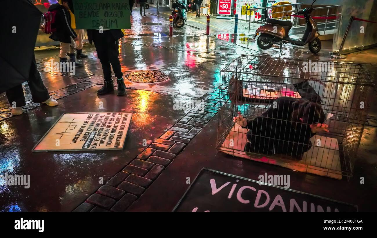 Izmir, Turquie. 02nd décembre 2022. Afalina, un groupe de défense des droits des animaux végétaliens, qui s'est réuni pour être une voix pour la liberté des animaux en captivité, a protesté contre l'esclavage des animaux avec la performance de la cage et a répondu aux questions de la foule curieuse sur le mode de vie des légumes. (Photo par Idil Toffolo/Pacific Press) crédit: Pacific Press Media production Corp./Alay Live News Banque D'Images