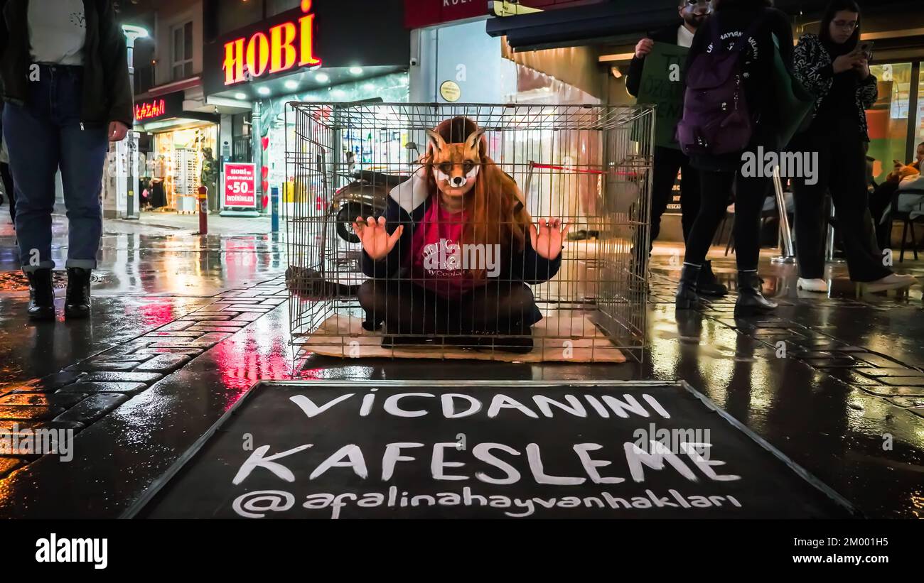 Izmir, Turquie. 02nd décembre 2022. Afalina, un groupe de défense des droits des animaux végétaliens, qui s'est réuni pour être une voix pour la liberté des animaux en captivité, a protesté contre l'esclavage des animaux avec la performance de la cage et a répondu aux questions de la foule curieuse sur le mode de vie des légumes. (Photo par Idil Toffolo/Pacific Press) crédit: Pacific Press Media production Corp./Alay Live News Banque D'Images