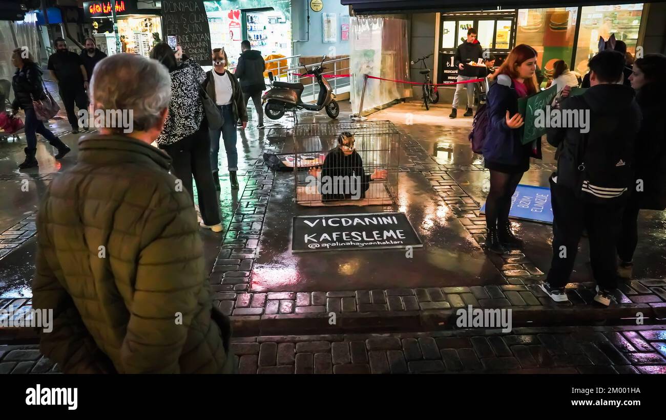 Izmir, Turquie. 02nd décembre 2022. Afalina, un groupe de défense des droits des animaux végétaliens, qui s'est réuni pour être une voix pour la liberté des animaux en captivité, a protesté contre l'esclavage des animaux avec la performance de la cage et a répondu aux questions de la foule curieuse sur le mode de vie des légumes. (Photo par Idil Toffolo/Pacific Press) crédit: Pacific Press Media production Corp./Alay Live News Banque D'Images