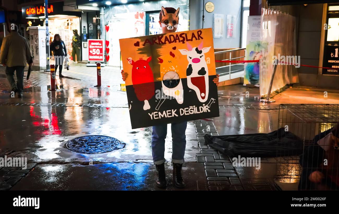 Izmir, Turquie, Turquie. 2nd décembre 2022. Afalina, un groupe de défense des droits des animaux végétaliens, qui s'est réuni pour être une voix pour la liberté des animaux en captivité, a protesté contre l'esclavage des animaux avec la performance de la cage et a répondu aux questions de la foule curieuse sur le mode de vie des légumes. (Credit image: © Dil Toffolo/Pacific Press via ZUMA Press Wire) Banque D'Images