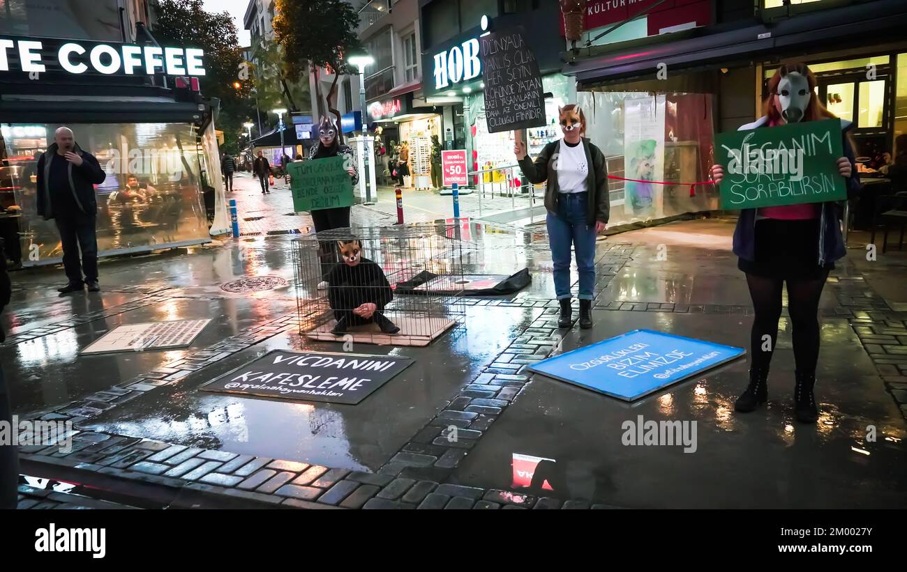 Izmir, Turquie, Turquie. 2nd décembre 2022. Afalina, un groupe de défense des droits des animaux végétaliens, qui s'est réuni pour être une voix pour la liberté des animaux en captivité, a protesté contre l'esclavage des animaux avec la performance de la cage et a répondu aux questions de la foule curieuse sur le mode de vie des légumes. (Credit image: © Dil Toffolo/Pacific Press via ZUMA Press Wire) Banque D'Images