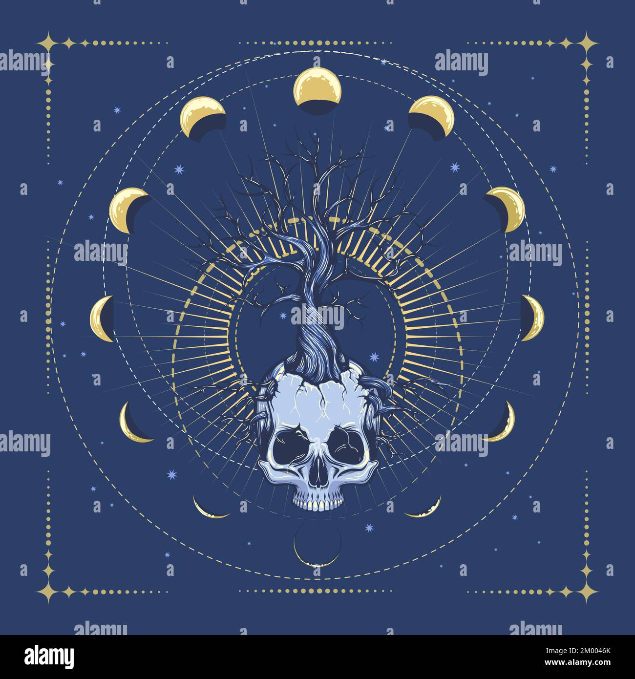 Arbre croissant d'un crâne et phases de la Lune Illustration ésotérique médiévale. Illustration vectorielle Illustration de Vecteur