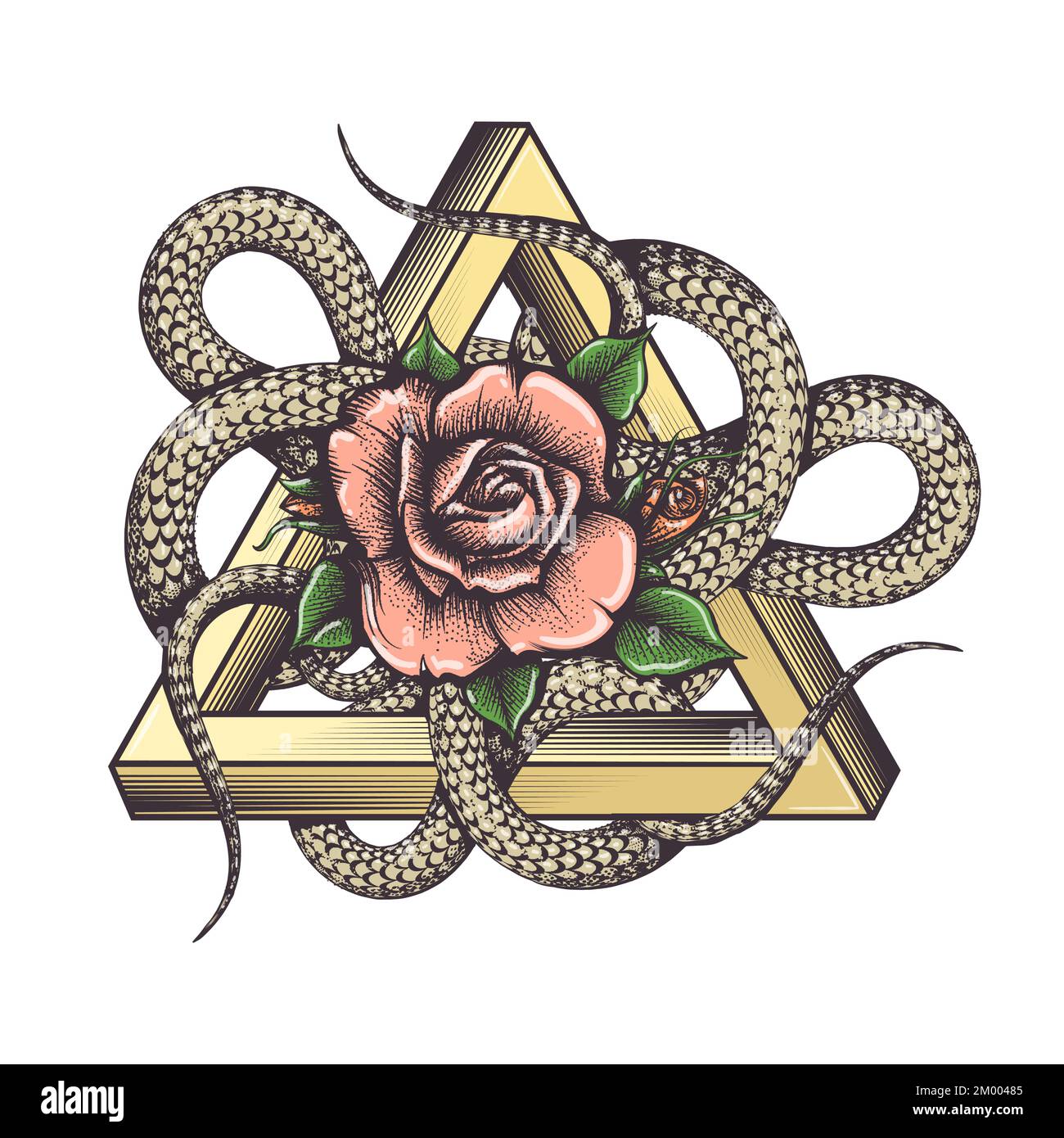Rose et serpents à l'intérieur du triangle ésotérique Tattoo isolé sur blanc. Illustration vectorielle Illustration de Vecteur