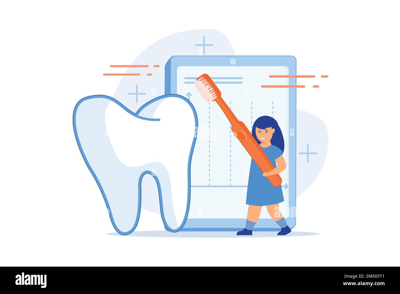 Apprentissage des dents de brosse à travers le jeu. Brosse à dents électrique pour enfants, brosses à dents intelligentes avec capteur, nettoyage des dents connecté à l'application, concept de soins buccaux amusants. plat Illustration de Vecteur