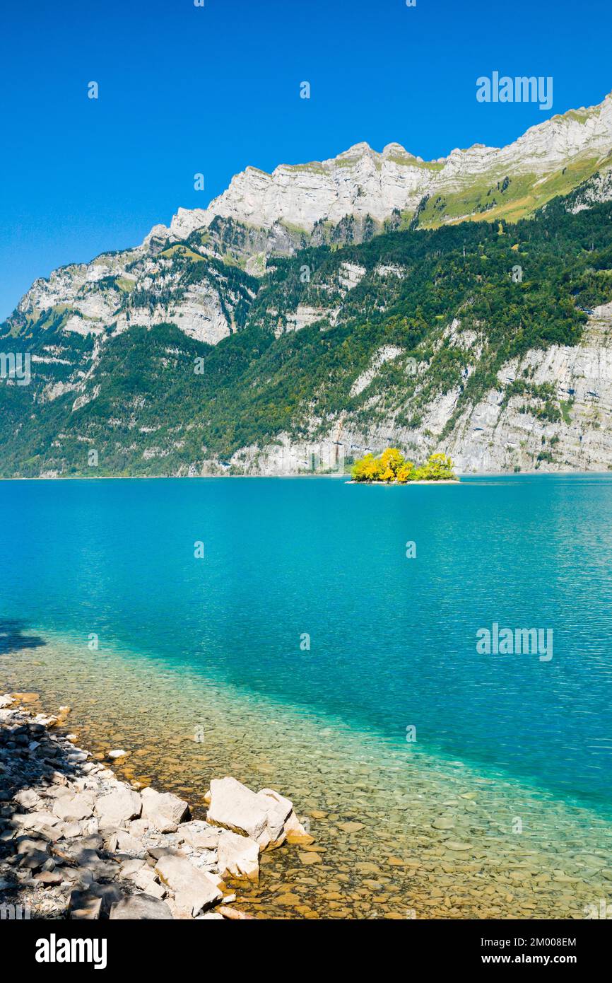 Vue de la rive du lac Walen de la petite île de la ciboulette au milieu de l'eau turquoise et avec la chaîne de montagnes Schären en arrière-plan Banque D'Images