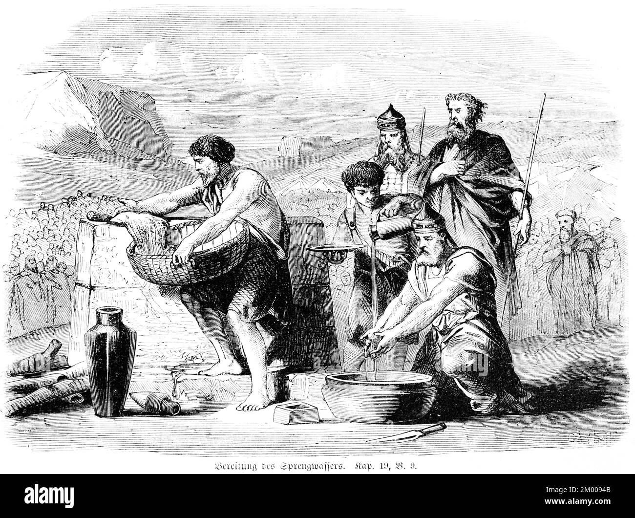 Préparation du Sprengwasser, préparation, eau, bol, verseuse, prêtre, offrande de péché, péché, sacrifice, groupe, Paysage, montagnes, Bible, ancien Testament, B Banque D'Images