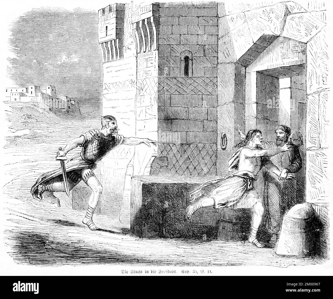 Le vol vers la ville libre, Orient, fuite, porte de la ville, soldat, Courir, épée, liberté, Bible, ancien Testament, Livre 4 de Moïse, Chapitre 35, verset 11, histo Banque D'Images