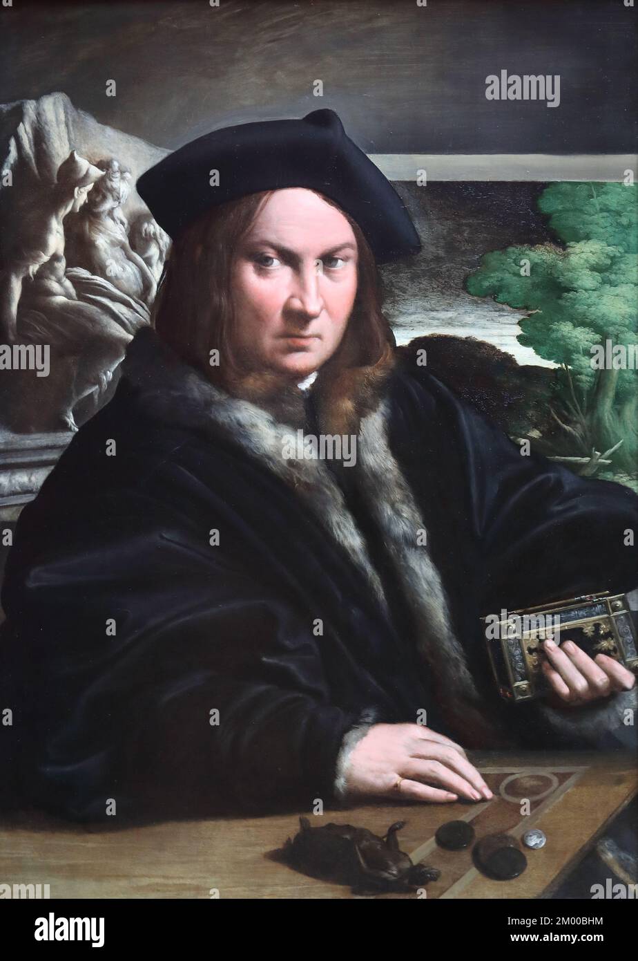 Portrait d'un collectionneur par le peintre italien de la Renaissance Parmigianino à la National Gallery, Londres, Royaume-Uni Banque D'Images