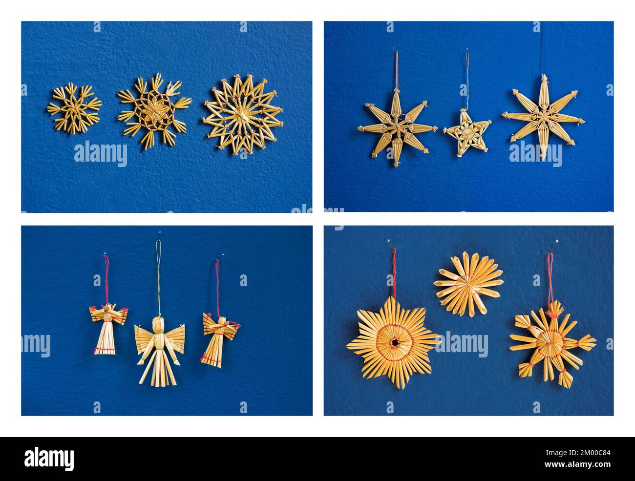 Quatre photos de petite décoration de noël en paille sur fond de mur bleu. (3 étoiles, 3 flocons de neige, 3 anges et 3 coeurs) Banque D'Images