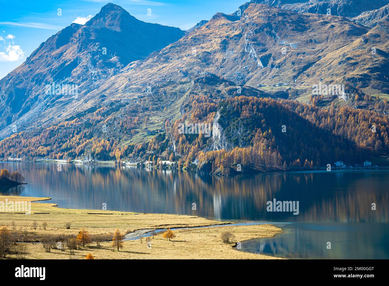 Vue idyllique sur les rochers et les montagnes couvertes de mélèze aux couleurs automnales le long du lac Sils, vallée de l'Engadin, Suisse. Banque D'Images