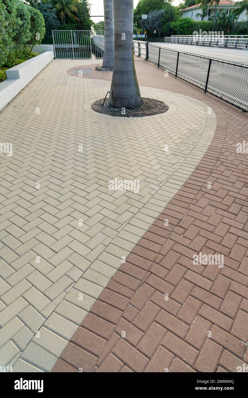 Trottoir en briques beiges et brunes de style incurvé à Miami, Floride. Chaussée avec arbres au milieu près des plantes à gauche et barrière de clôture nea Banque D'Images