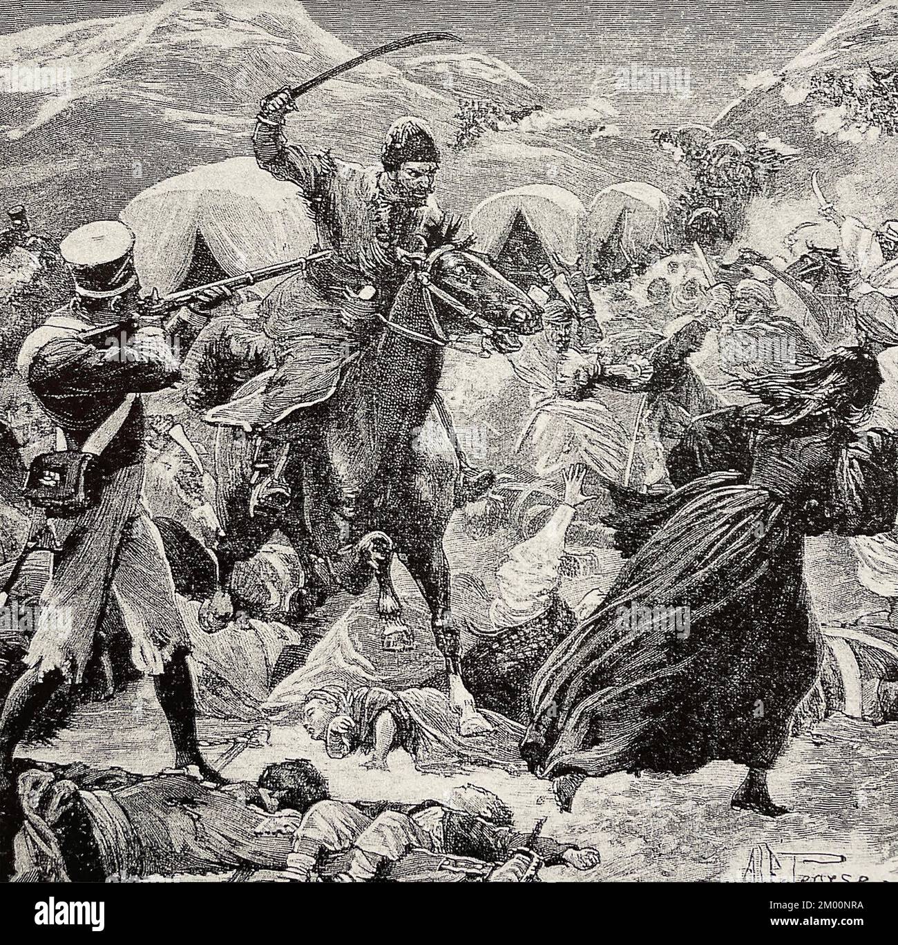 PREMIÈRE GUERRE ANGLO-AFGHANE. La cavalerie afghane a coupé les troupes britanniques lors de la retraite de Kaboul en 1842 Banque D'Images