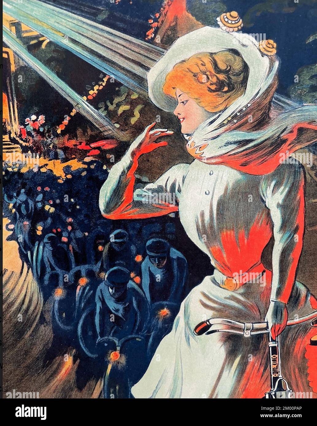 VÉLO ENVIRON 1900. Section d'une affiche pour la compagnie cycliste française Terrot montre une dame qui dirige un courant de cyclistes de nuit sur les champs Elysées. Banque D'Images