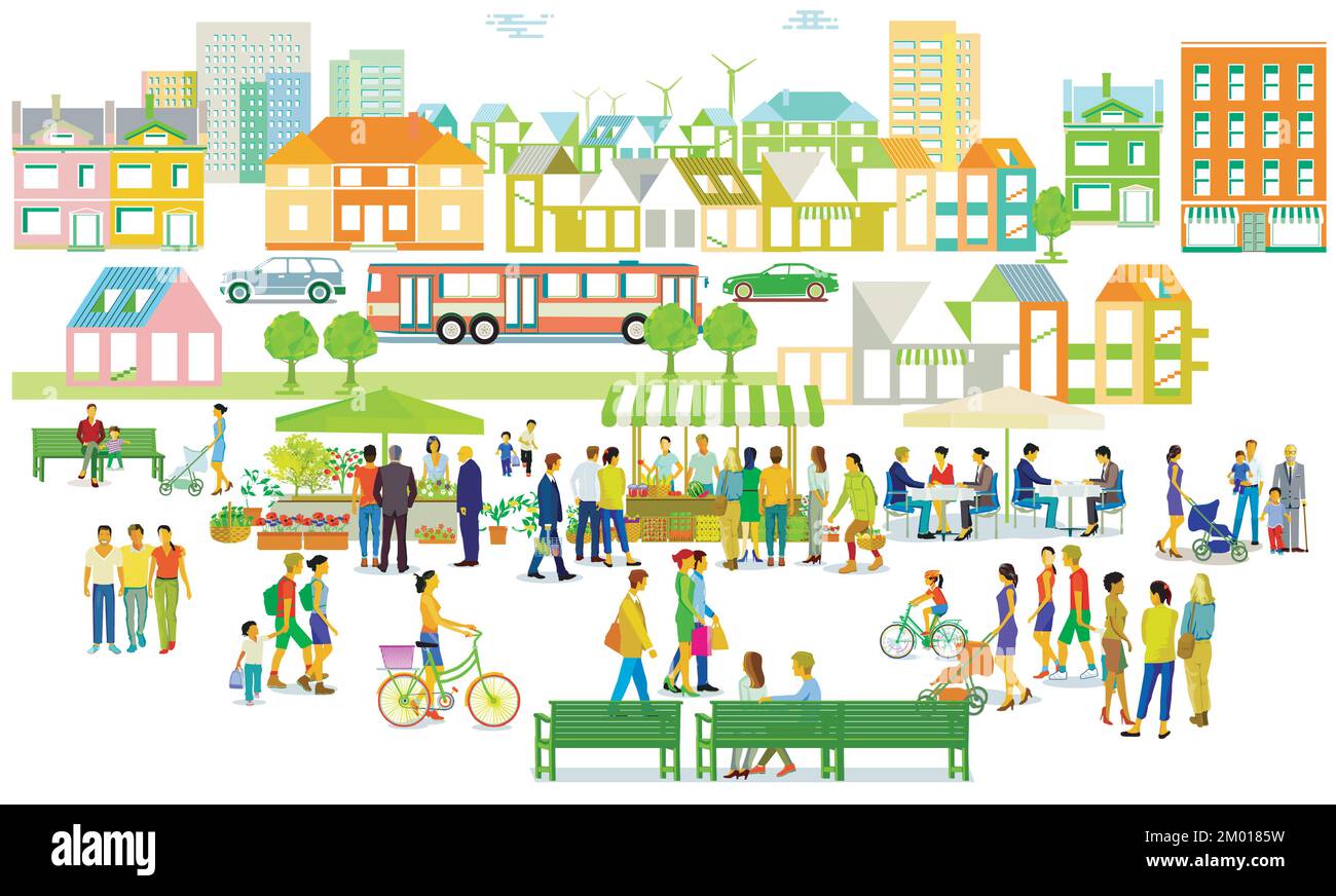 ville avec marché hebdomadaire et vie urbaine, illustration, Illustration de Vecteur