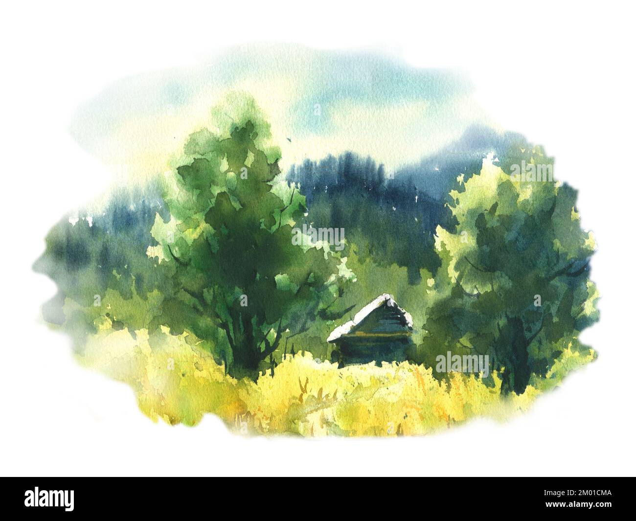 Aquarelle paysage avec des arbres Banque d'images détourées - Alamy