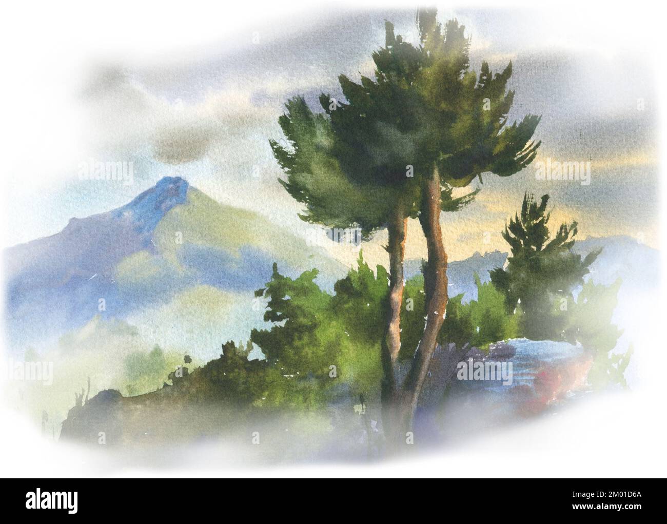 Aquarelle illustration paysage de montagne d'été avec des pins sur les rochers. Peut être utilisé pour des tirages sur des t-shirts, des shoppers, des mugs, des thermoses, des postcars Banque D'Images