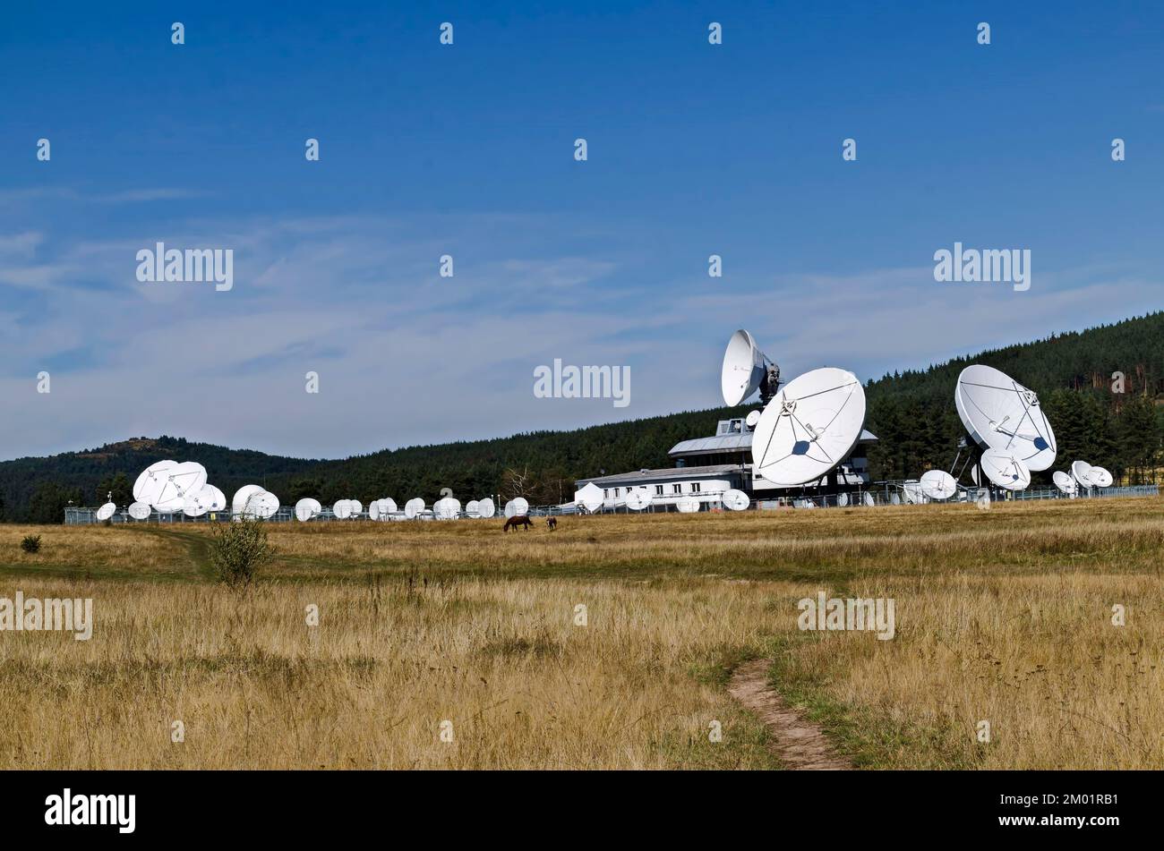 Plana Earth satellite Station ou Observatoire géodésique, sur fond de collines forestières conifères de la montagne Plana, Bulgarie Banque D'Images