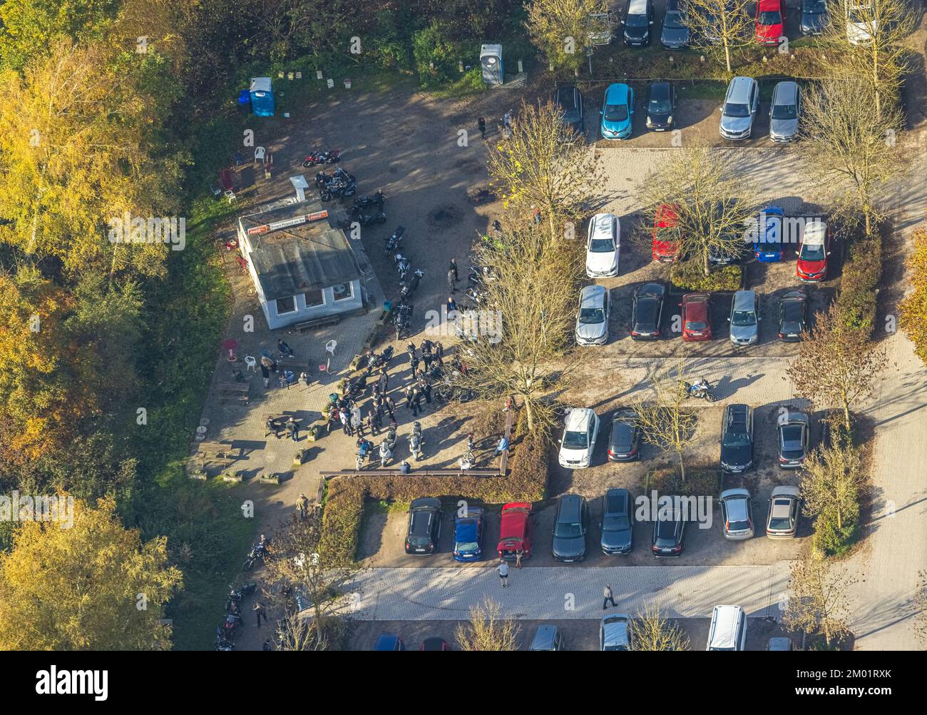 Vue aérienne, Hengsteysee, lieu de rencontre des motards au pont de Ruhr, Boele, Hagen, région de la Ruhr, Rhénanie-du-Nord-Westphalie, Allemagne, Biker, réunion des Bikers, DE, EUR Banque D'Images