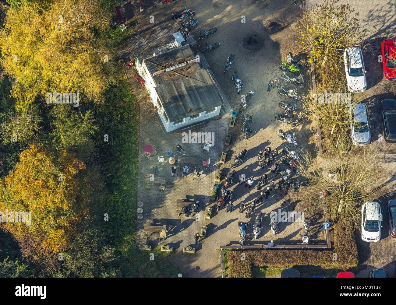 Vue aérienne, Hengsteysee, lieu de rencontre des motards au pont de Ruhr, Boele, Hagen, région de la Ruhr, Rhénanie-du-Nord-Westphalie, Allemagne, Biker, réunion des Bikers, DE, EUR Banque D'Images