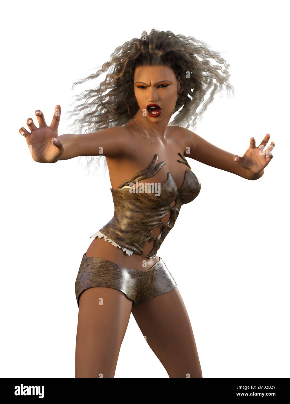 Jeune femme sauvage guerrier avec de longs cheveux bouclés, 3D Illustration. Banque D'Images