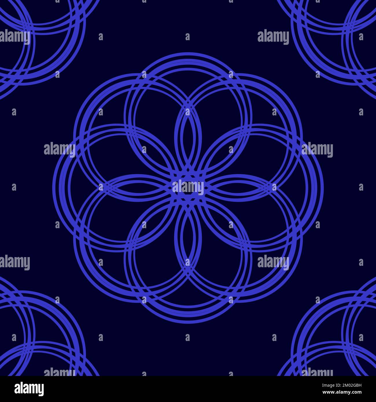 Illustration d'un motif de cercles bleus sur fond noir. Fleur stylisée. Illustration Mandala. Banque D'Images