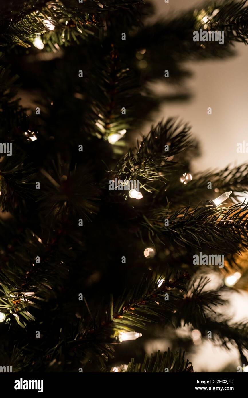 Nouvelle année 2023-2024. Décoration du nouvel an. Arbre de Noël. Bougie près de l'arbre de Noël pour les vacances. Guimauve et chocolat chaud dans une tasse. Banque D'Images