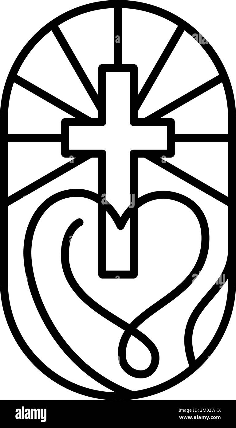 Croix de la ligne de religion et coeur Vector logo église icône Illustration isolée. Jésus Christ sur le calvaire est le christianisme central. Dieu aime les gens Illustration de Vecteur