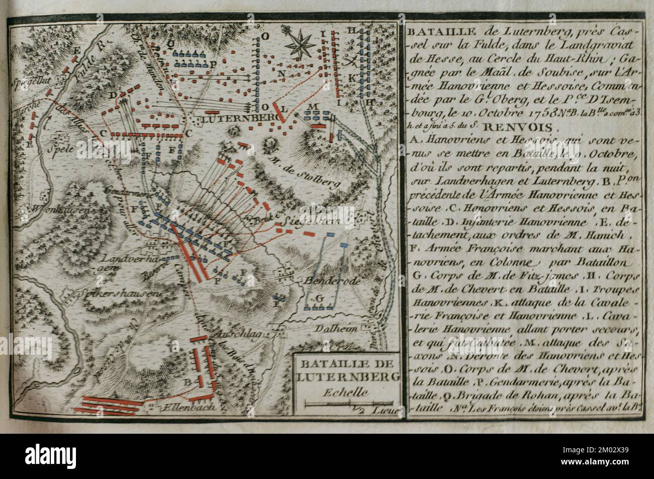 Guerre de sept ans (1756-1763). Carte de la bataille de Lutterberg (10 octobre 1758). Les troupes françaises, dirigées par le Prince Soubise, ont battu un contingent de soldats hanoviens et de mercenaires hessiens, commandé par le général Christoph Ludwig von Oberg. Publié en 1765 par le cartographe Jean de Beaurain (1696-1771) comme illustration de sa Grande carte d'Allemagne, avec les événements qui ont eu lieu pendant la guerre de sept ans. Armée alliée en rouge et armée française en bleu. Gravure et gravure. Édition française, 1765. Bibliothèque historique militaire de Barcelone (Biblioteca Histórico Militar de Barcelone). Cataloni Banque D'Images