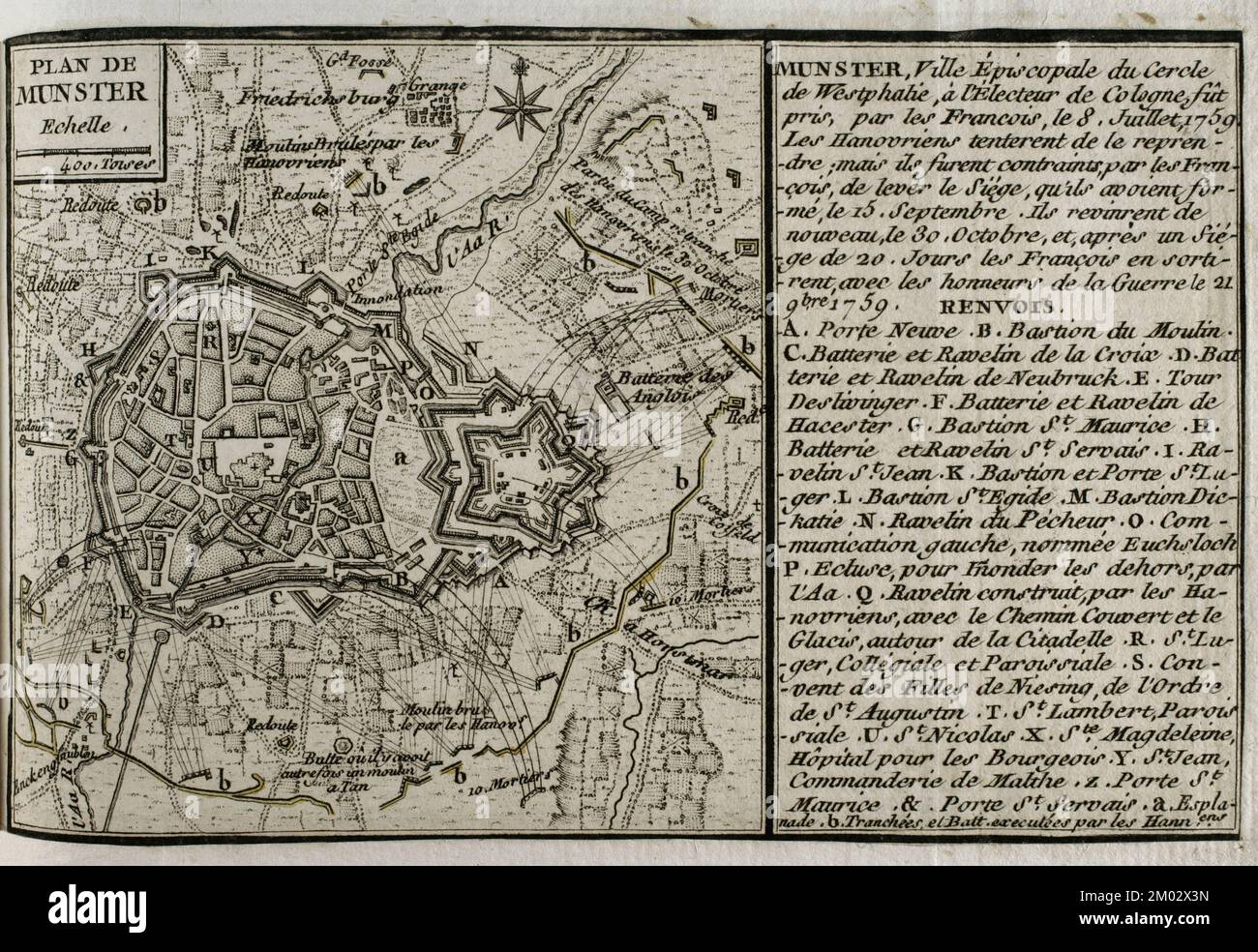 Guerre des sept ans (1756-1763). Plan de Münster, 1759. Ville épiscopale du cercle impérial de Westphalie. Il a été pris par les Français le 8 juillet 1759. Les Hanoveriens tentèrent de reprendre Munster, mais le 15 septembre, les Français parvint à lever le siège de la ville. Les Hanoveriens sont retournés le 30 octobre, et après un siège de 20 jours, les Français ont dû l'abandonner, partant avec les honneurs de la guerre le 21 novembre 1759. Publié en 1765 par le cartographe Jean de Beaurain (1696-1771) comme illustration de sa Grande carte d'Allemagne, avec les événements qui ont eu lieu pendant la guerre de sept ans. Banque D'Images
