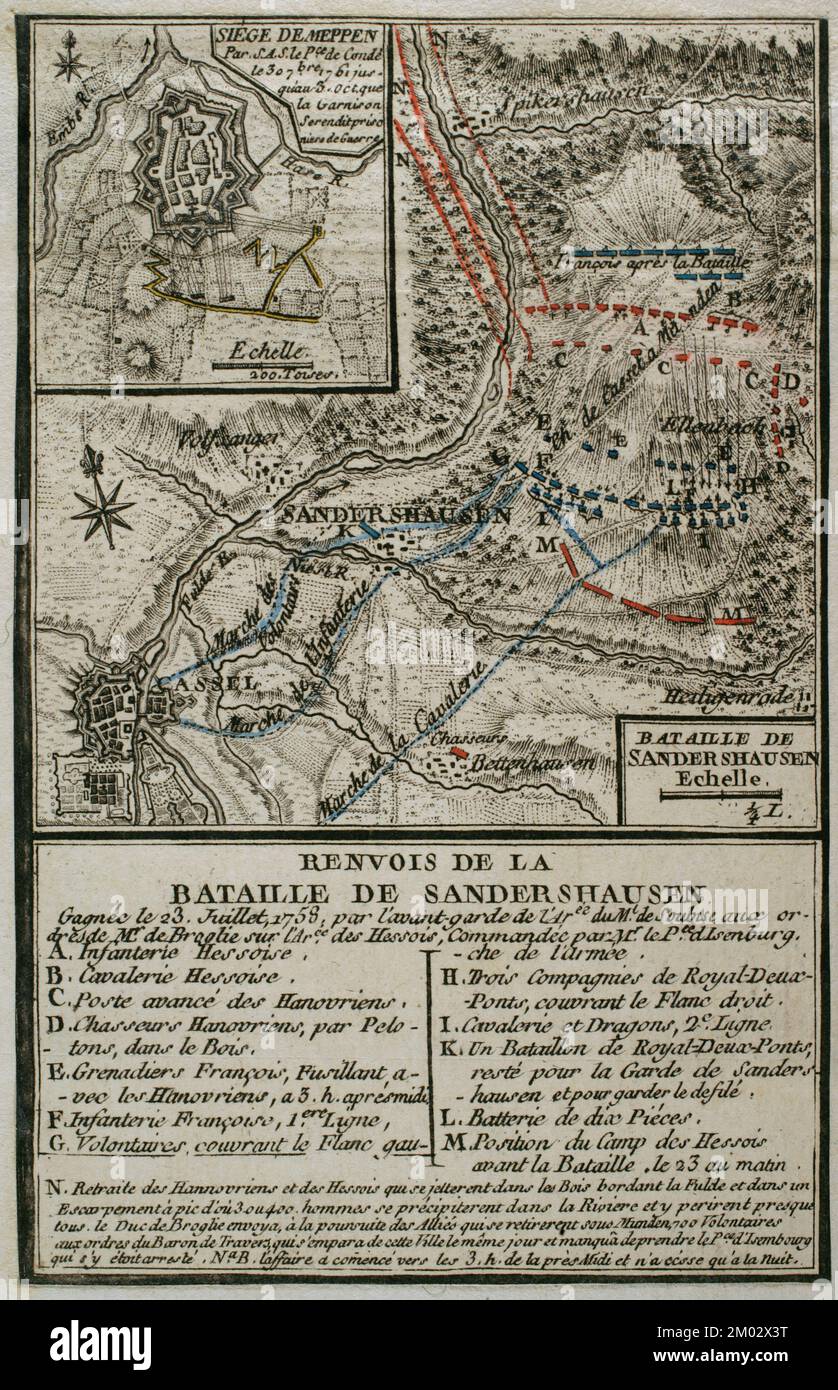 Carte de la bataille de Sandershausen, Allemagne (23 juillet 1758) et carte de Meppen, 1761 (haut). Publié en 1765 par le cartographe Jean de Beaurain (1696-1771) comme illustration de sa Grande carte de l'Allemagne, avec les événements qui ont eu lieu pendant la guerre des sept ans. Guerre de 1755 à 1763. Armée alliée en rouge et armée française en bleu. Gravure. Édition française, 1765. Bibliothèque historique militaire de Barcelone (Biblioteca Histórico Militar de Barcelone). Catalogne. Espagne. Banque D'Images
