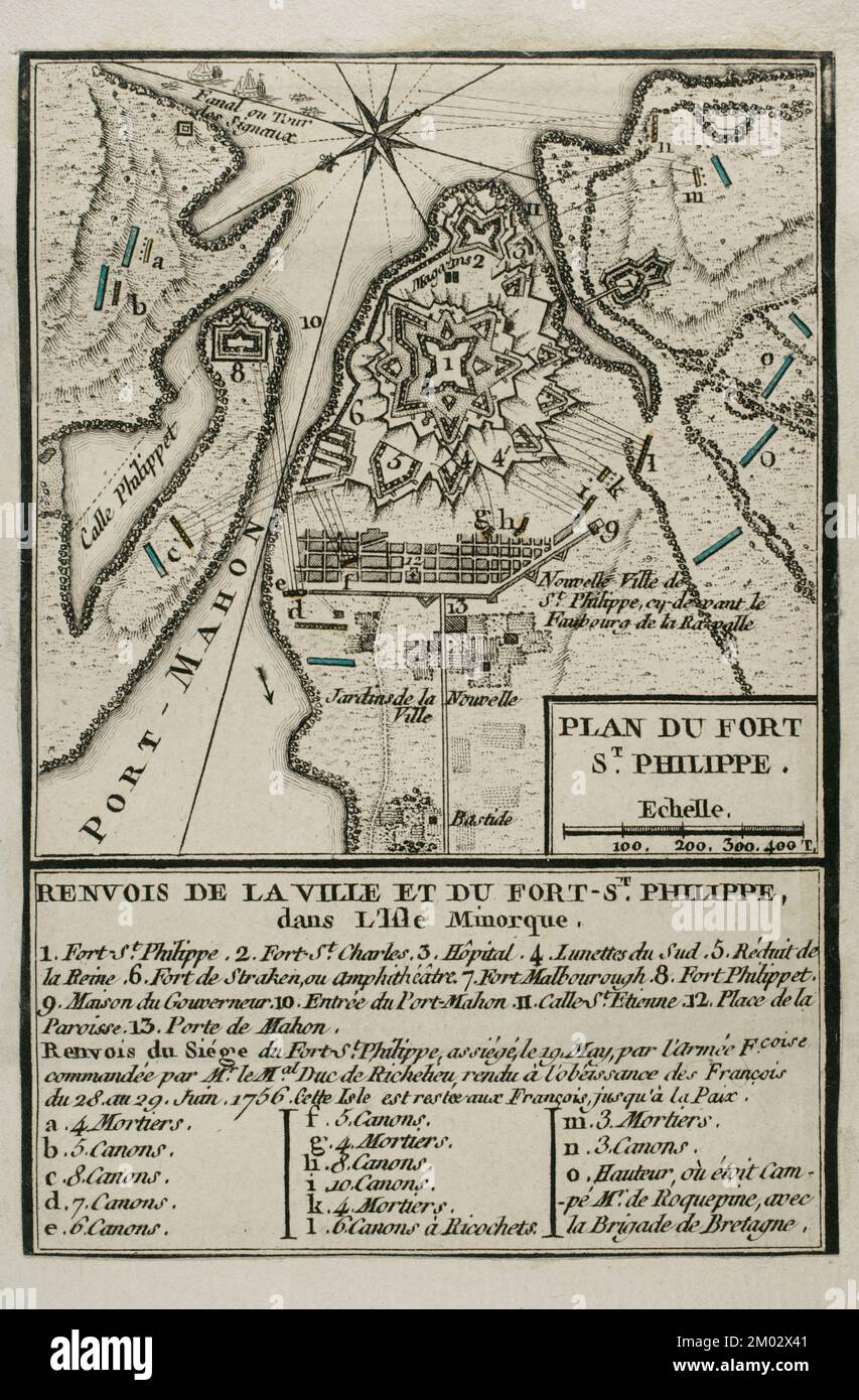 Carte du fort de St Philip (Château de San Felipe), 1756. Île de Minorque. Forteresse contrôlée par les Britanniques, elle fut assiégée par les Français et prise le 29 juin 1756. Gravure publiée en 1765 par le cartographe Jean de Beaurain (1696-1771) comme illustration de sa Grande carte d'Allemagne, avec les événements qui ont eu lieu pendant la guerre de sept ans. Armée française en bleu. Édition française, 1765. Bibliothèque historique militaire de Barcelone (Biblioteca Histórico Militar de Barcelone). Catalogne. Espagne. Banque D'Images