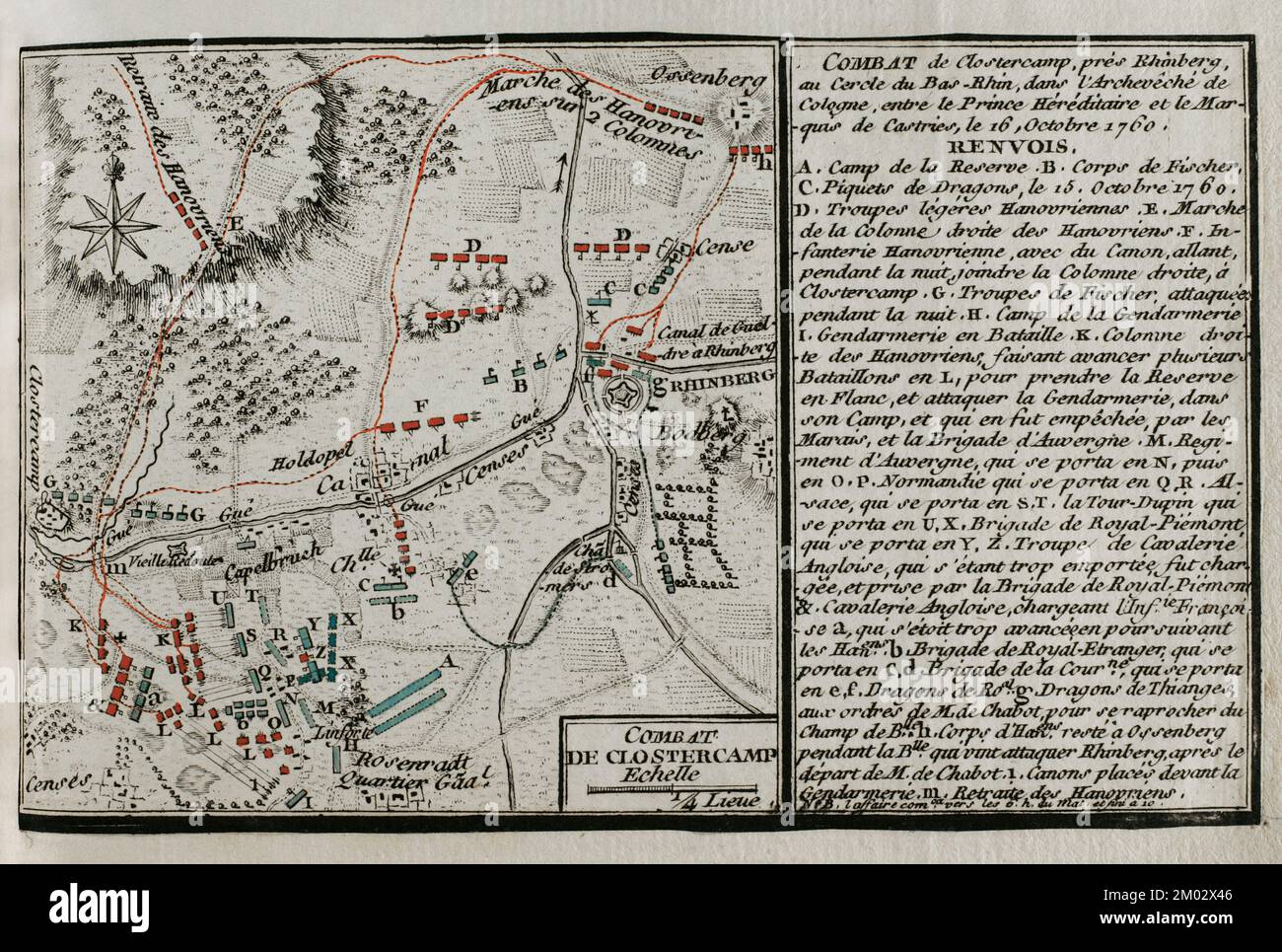 Guerre de sept ans (1756-1763). Carte de la bataille de Klostercamp (16 octobre 1760). Le duc Ferdinand de Brunswick, à la tête de l'armée alliée, a dû abandonner le champ de bataille devant une armée française commandée par le lieutenant-général Marquis de Castries (Charles Eugène Gabriel de la Croix de Castries). Publié en 1765 par le cartographe Jean de Beaurain (1696-1771) comme illustration de sa Grande carte d'Allemagne, avec les événements qui ont eu lieu pendant la guerre de sept ans. Armée alliée en rouge et armée française en bleu. Gravure et gravure. Édition française, 1765. Bibliothèque historique militaire de Bar Banque D'Images