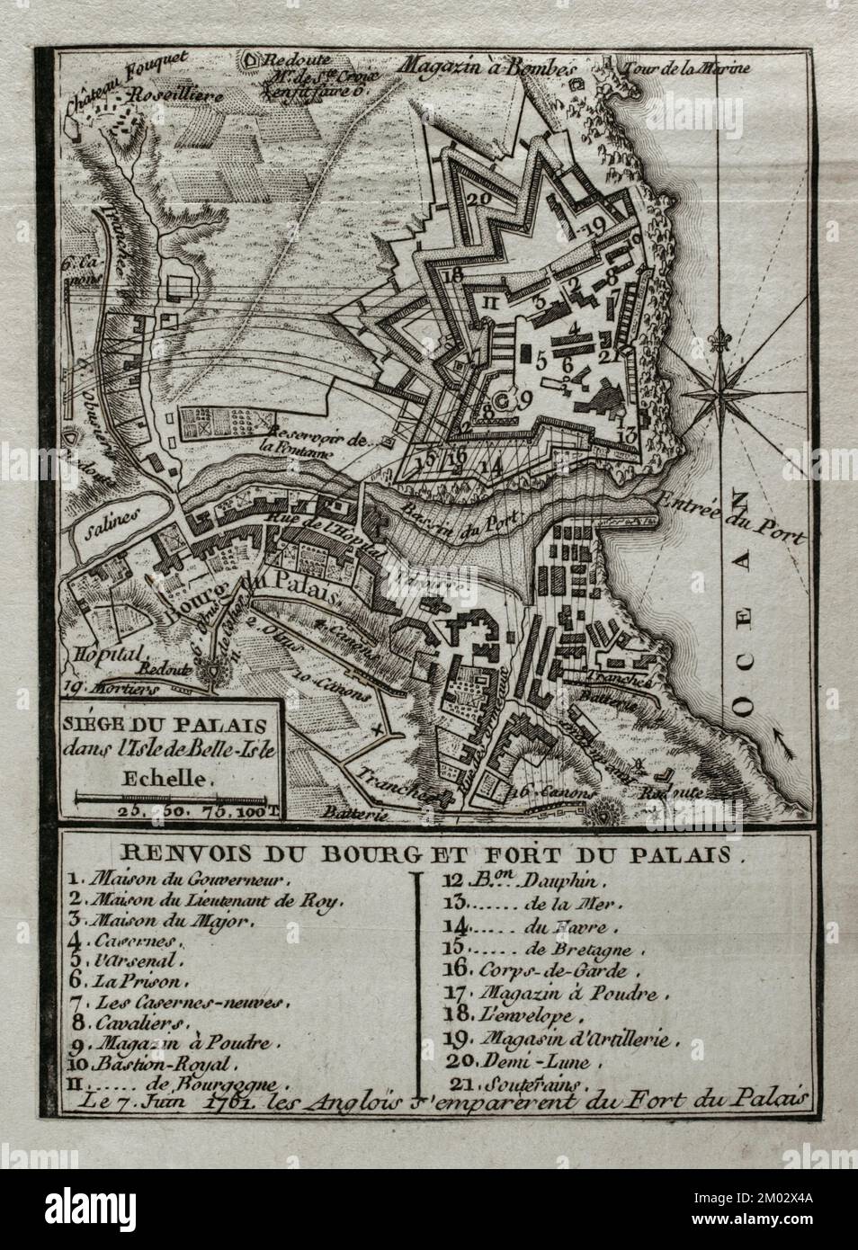 Guerre de sept ans (1756-1763). Capture de Belle Isle (juin 1761). Les Britanniques ont réussi à cimenter la citadelle principale de l'île, située sur la côte atlantique au large de la Bretagne, après un second atterrissage mené par le général Studholme Hodgson et un siège de six semaines. Carte publiée en 1765 par le cartographe Jean de Beaurain (1696-1771) comme illustration de sa Grande carte d'Allemagne, avec les événements qui ont eu lieu pendant la guerre de sept ans. Édition française, 1765. Bibliothèque historique militaire de Barcelone (Biblioteca Histórico Militar de Barcelone). Catalogne. Espagne. Banque D'Images