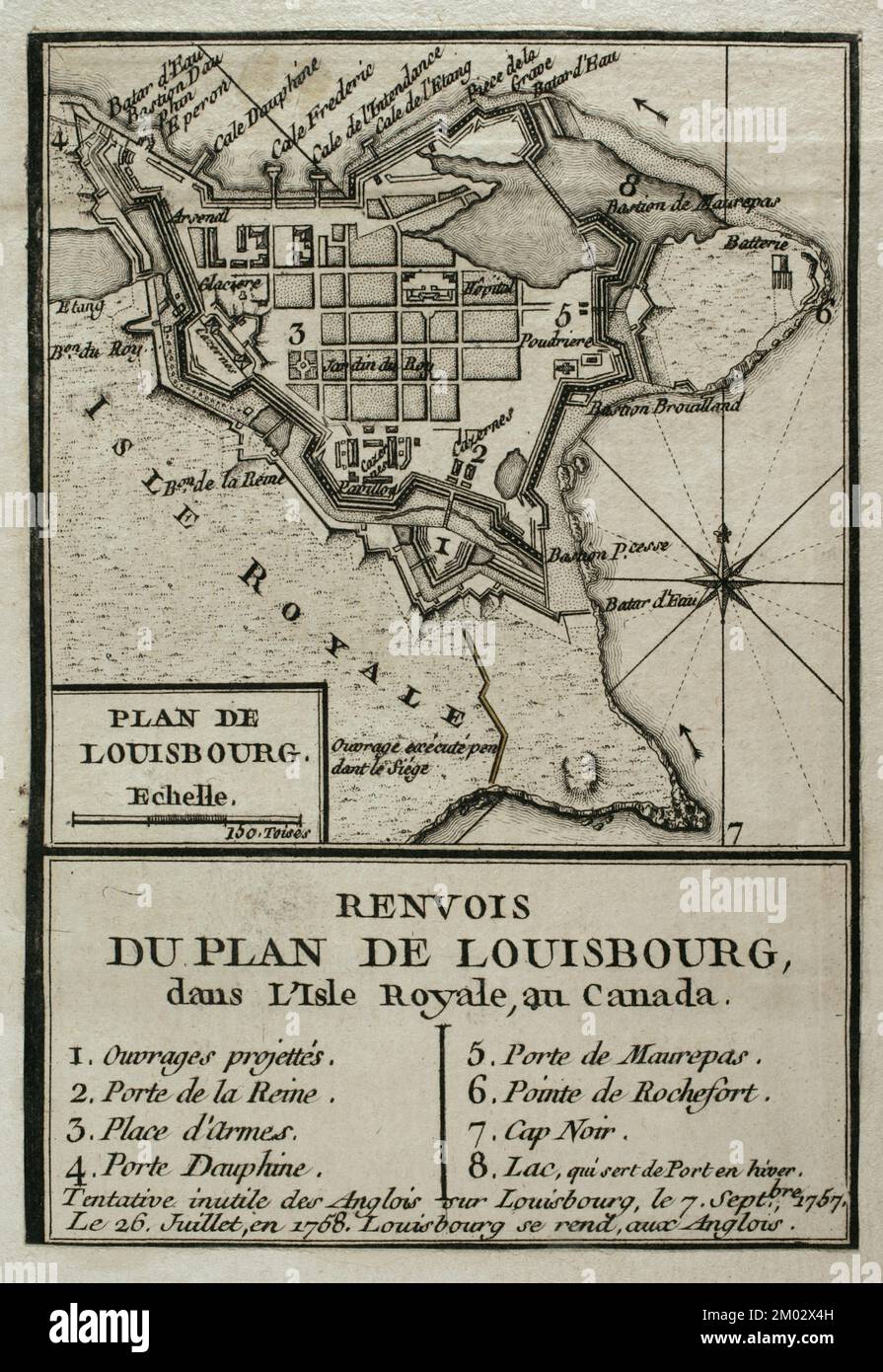 Carte de Louisbourg, Canada. Nouvelle-Écosse. Il dépeint le siège réussi de la grande forteresse française par les Britanniques en 1758 qui ont finalement pris Louisbourg sur 26 juillet 1758. Publié en 1765 par le cartographe Jean de Beaurain (1696-1771) comme illustration de sa Grande carte d'Allemagne, avec les événements qui ont eu lieu pendant la guerre de sept ans. Guerre de 1755 à 1763. Édition française, 1765. Gravure. Bibliothèque historique militaire de Barcelone (Biblioteca Histórico Militar de Barcelone). Catalogne. Espagne. Banque D'Images